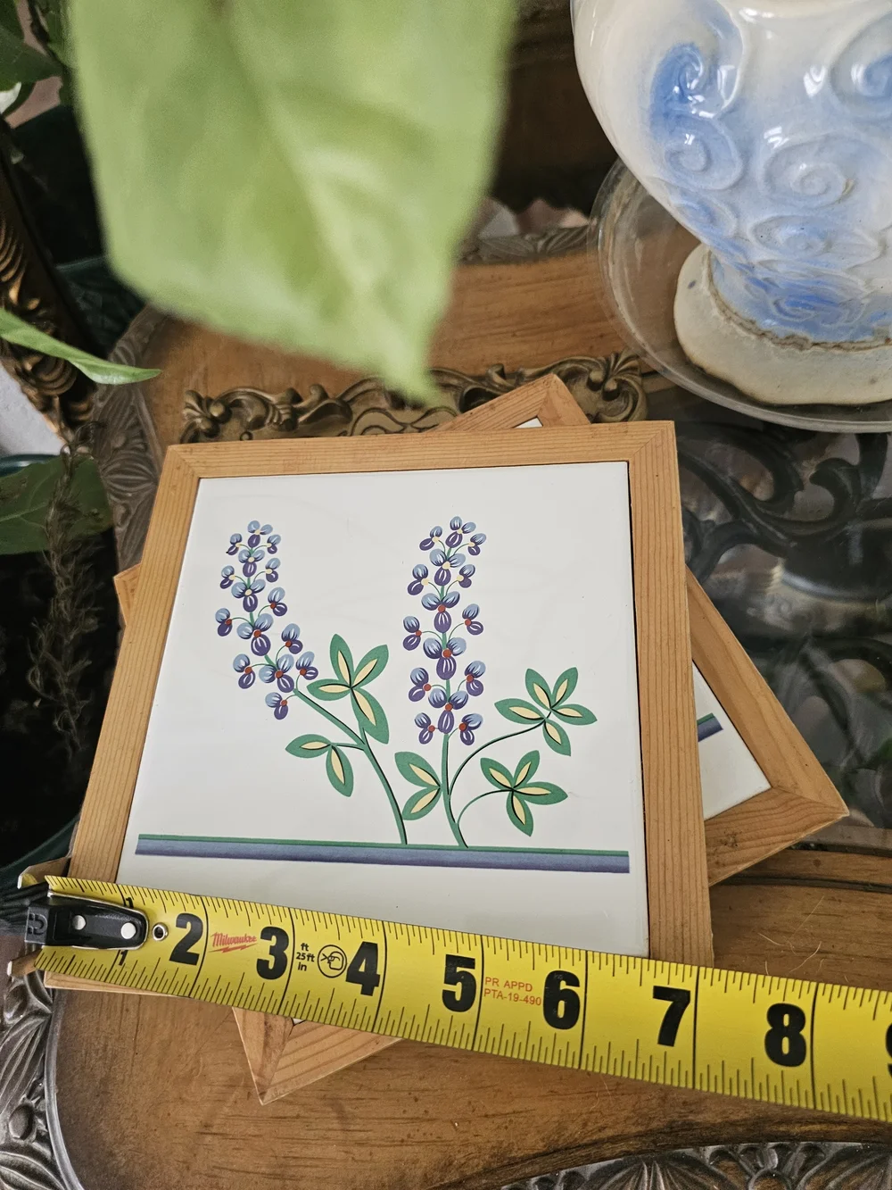 Wood-Framed Lavender Tile Plaques - Natural Wood Teivet Set Cottagecore